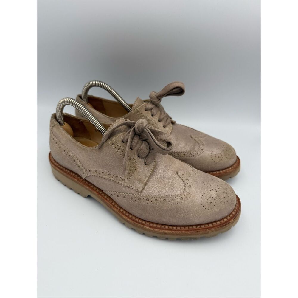 Brunello Cucinelli Suede Lug Sole Wingtip Oxford Shoes Tan Metallic Size 39.5 (w
